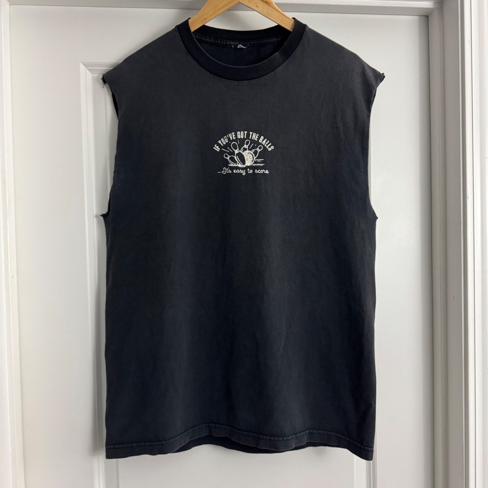 Vintage Lucky Lanes Bowling Muscle Tee Faded Black Tank Funny Humor Got Balls